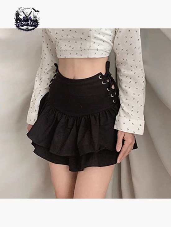 High Waist Mini Skirt with Ruffle Tie Closure, A-Line Pleated Style - Picture 3 of 7